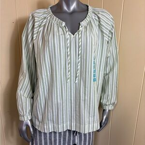 Nine West Blouse Tunic Top Womens Size XL Bohemian Green White Stripes Tie neck